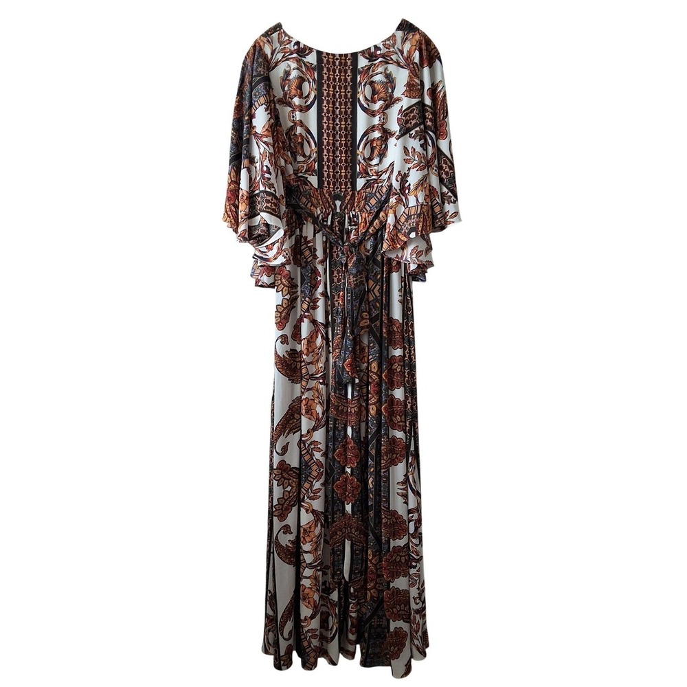 Free People 6 Fern Paisley V-Neck Split Flutter Sleeve Maxi Boho Cottagecore 70s - Picture 4 of 8